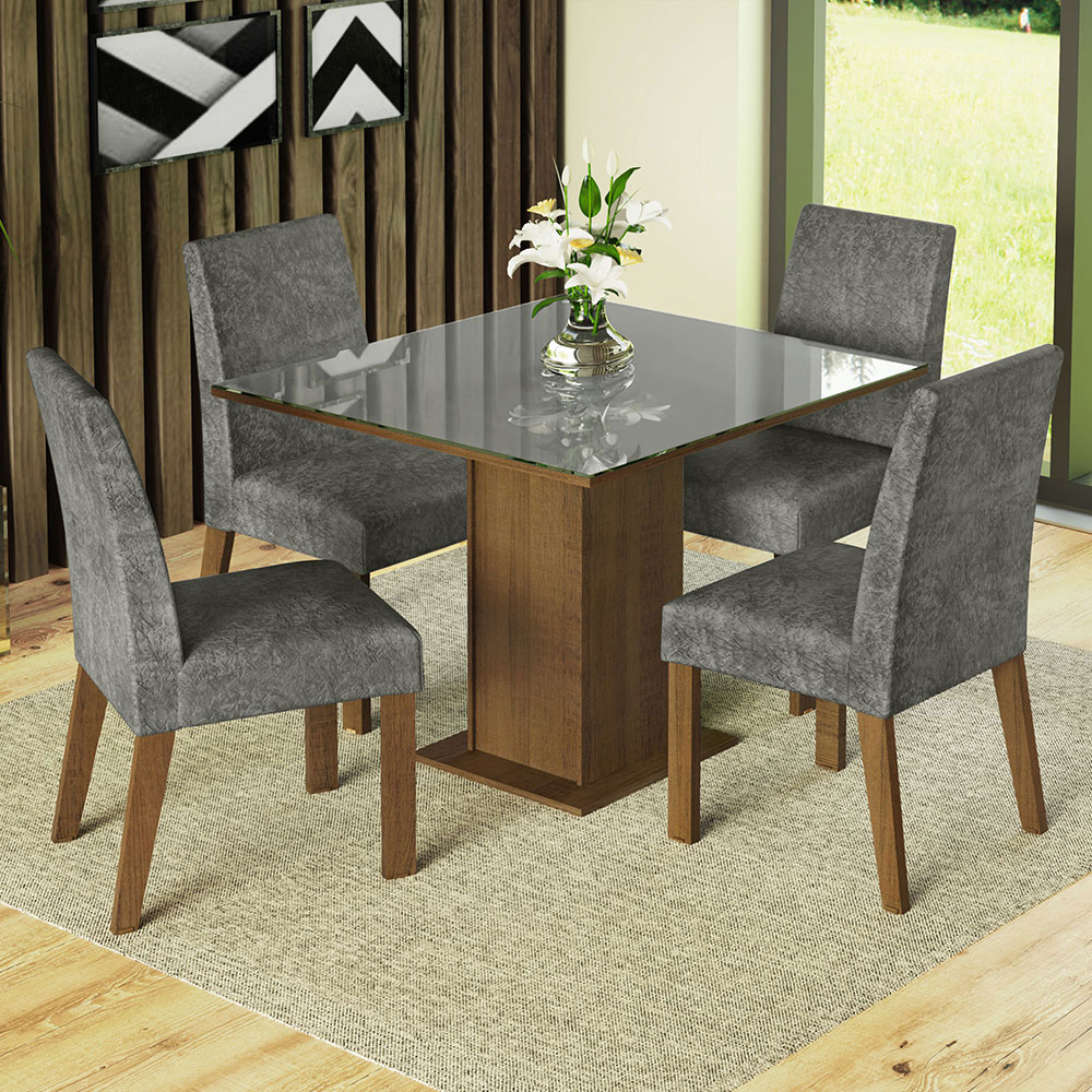 Juego de Comedor Anne con 4 Sillas - Tablero de Madera y Cubierta de Cristal Marrón/Gris/Plateado