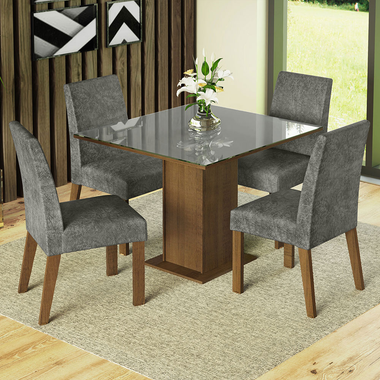 Juego de Comedor Anne con 4 Sillas - Tablero de Madera y Cubierta de Cristal Marrón/Gris/Plateado