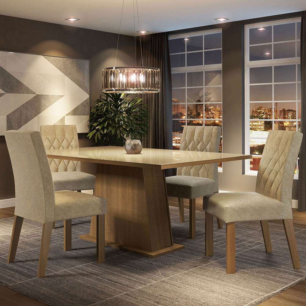 Juego de Comedor Aryeli con 4 Sillas - Tablero de Madera y Cubierta de Cristal Marrón/Crema/Imperial