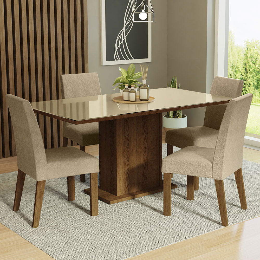 Juego de Comedor Avril con 4 Sillas - Tablero de Madera y Cubierta de Cristal Marrón/Crema/Imperial