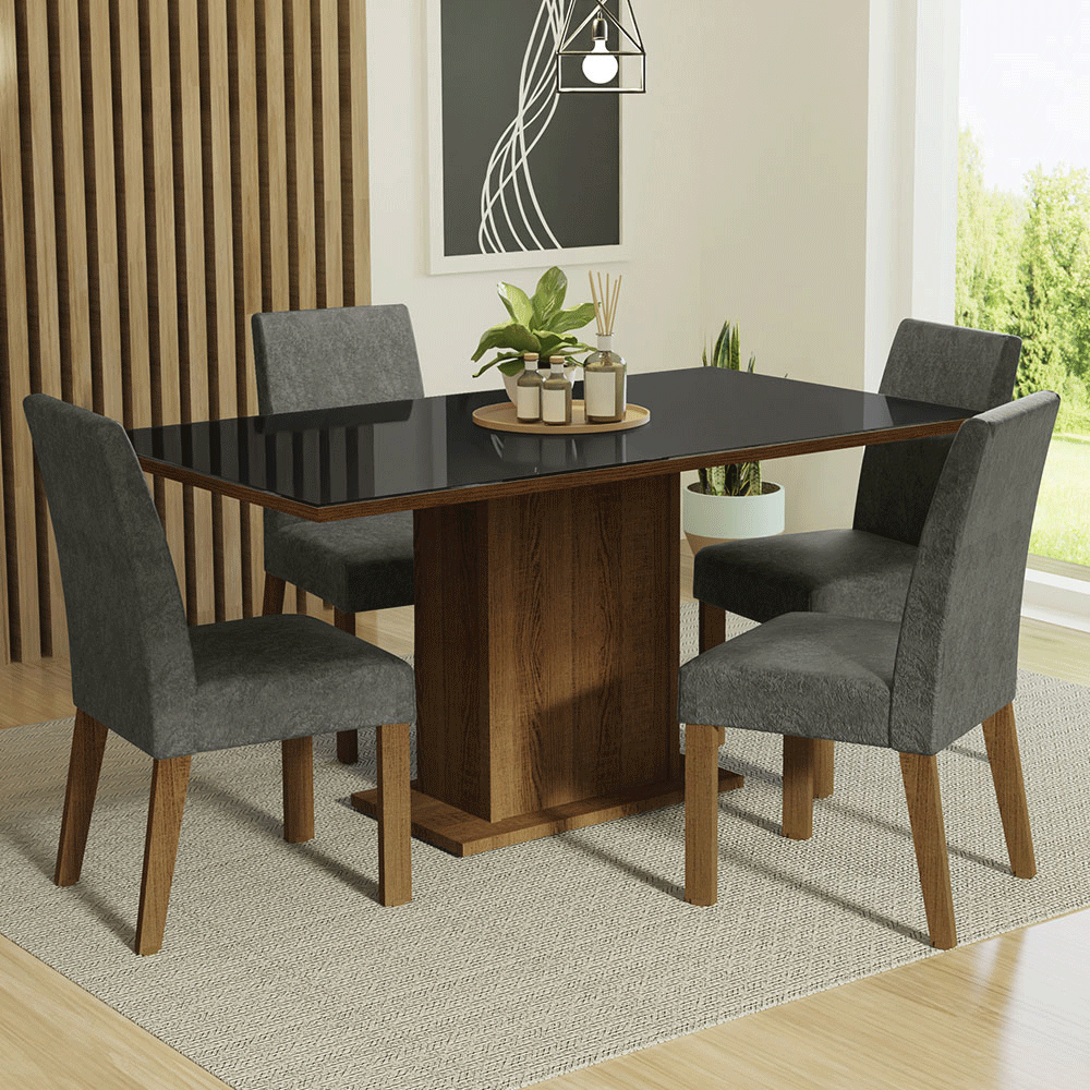 Juego de Comedor Avril con 4 Sillas - Tablero de Madera y Cubierta de Cristal Marrón/Negro/Plateado