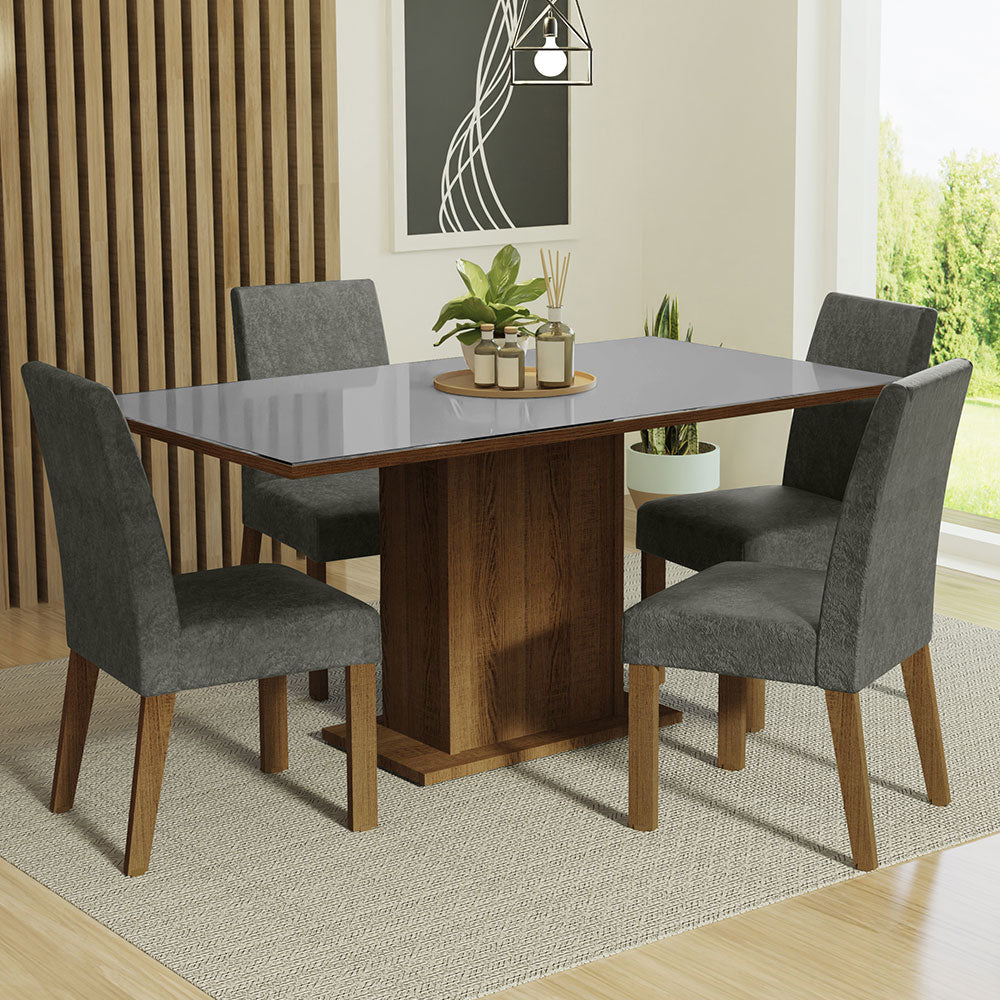 Juego de Comedor Avril con 4 Sillas - Tablero de Madera y Cubierta de Cristal Marrón/Gris/Plateado