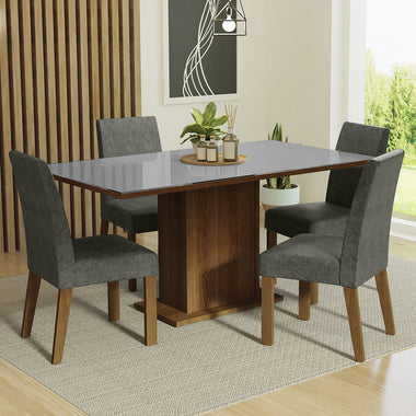 Juego de Comedor Avril con 4 Sillas - Tablero de Madera y Cubierta de Cristal Marrón/Gris/Plateado