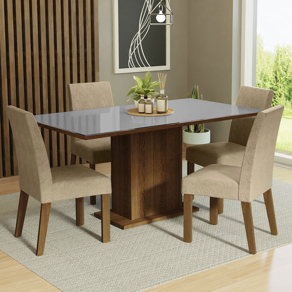 Juego de Comedor Avril con 4 Sillas - Tablero de Madera y Cubierta de Cristal Marrón/Gris/Imperial