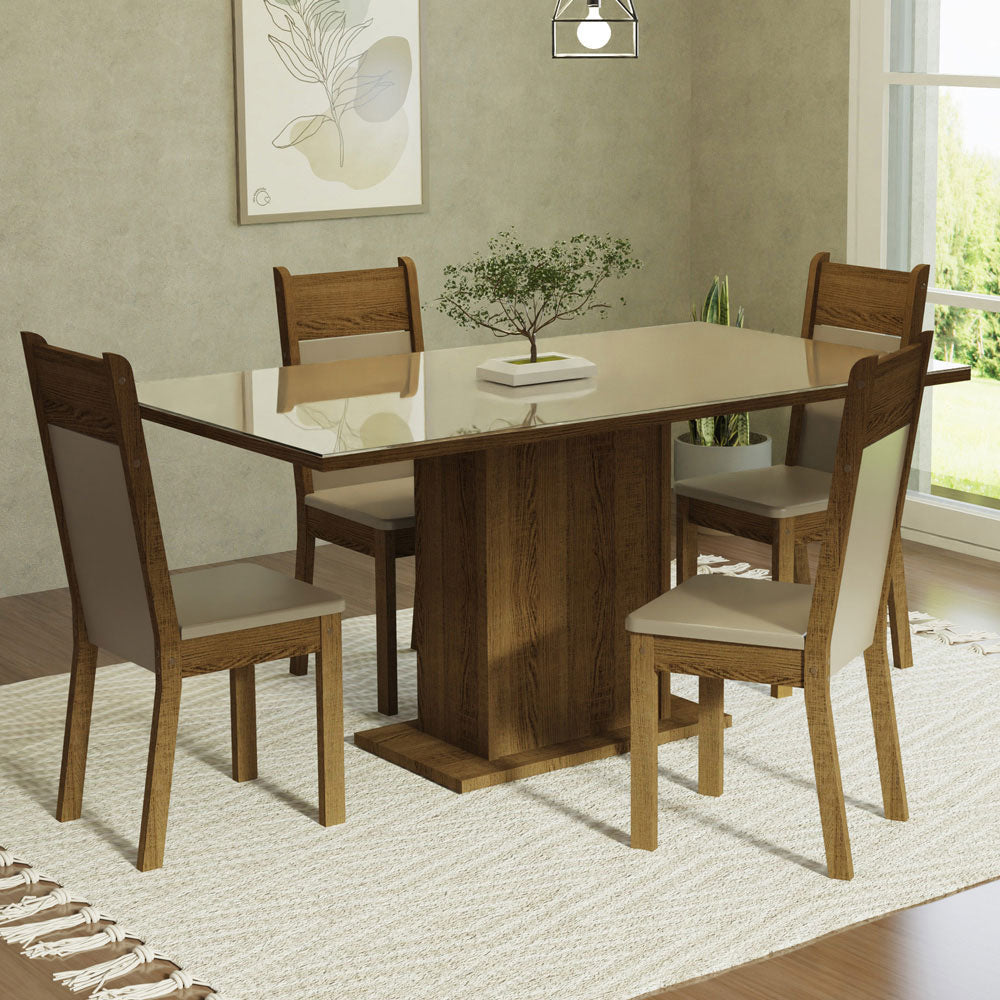 Juego de Comedor Greta con 4 Sillas - Tablero de Madera y Cubierta de Cristal Crema/Marrón/Beige