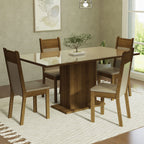 Juego de Comedor Greta con 4 Sillas - Tablero de Madera y Cubierta de Cristal Crema/Marrón/Beige