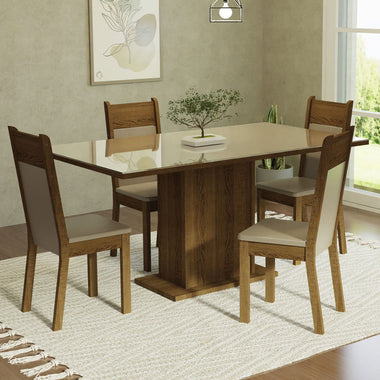 Juego de Comedor Greta con 4 Sillas - Tablero de Madera y Cubierta de Cristal Crema/Marrón/Beige
