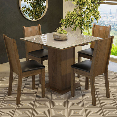 Juego de Comedor Perla con 4 Sillas - Tablero de Madera y Cubierta de Cristal Marrón/Crema/Negro