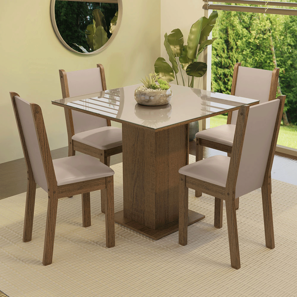 Juego de Comedor Tifani con 4 Sillas - Tablero de Madera y Cubierta de Cristal Marrón/Crema/Beige