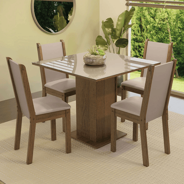 Juego de Comedor Tifani con 4 Sillas - Tablero de Madera y Cubierta de Cristal Marrón/Crema/Beige
