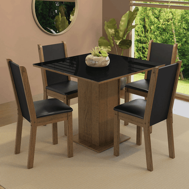 Juego de Comedor Tifani con 4 Sillas - Tablero de Madera y Cubierta de Cristal Marrón/Negro
