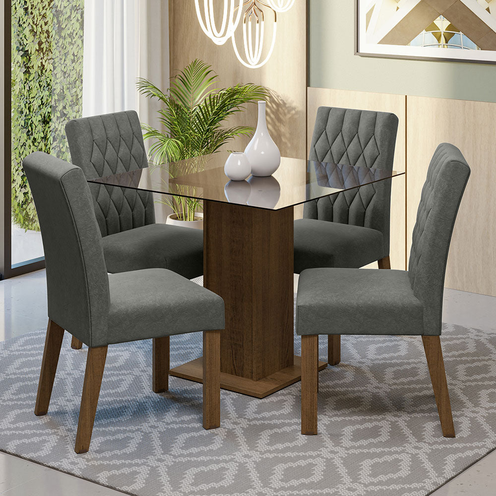 Juego de Comedor Noemi con 4 Sillas Encimera Cuadrada de Cristal Marrón/Plateado