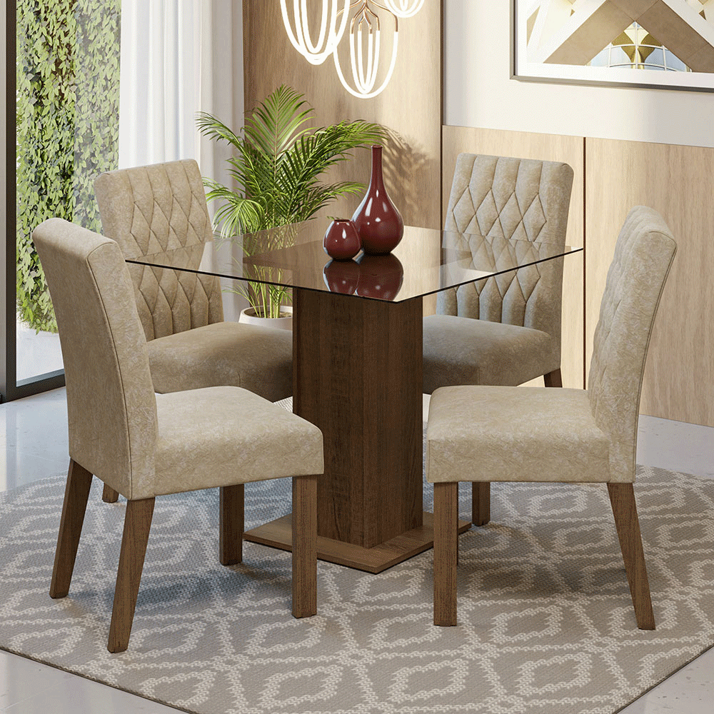 Juego de Comedor Noemi con 4 Sillas Encimera Cuadrada de Cristal Marrón/Imperial
