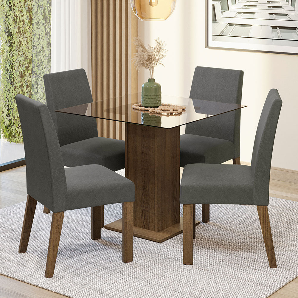 Juego de Comedor Ivy con 4 Sillas Encimera Cuadrada de Cristal Marrón/Plateado