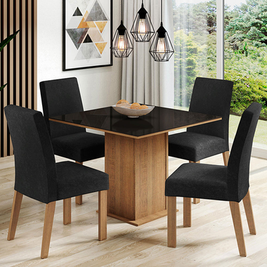 Juego de Comedor Evelin con 4 Sillas Oxford - Tablero de Madera y Cristal Marrón/Negro/Oxford