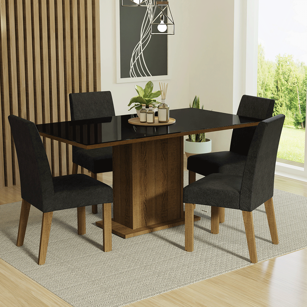 Juego de Comedor Avril con 4 Sillas - Tablero de Madera y Cubierta de Cristal Marrón/Negro/Oxford