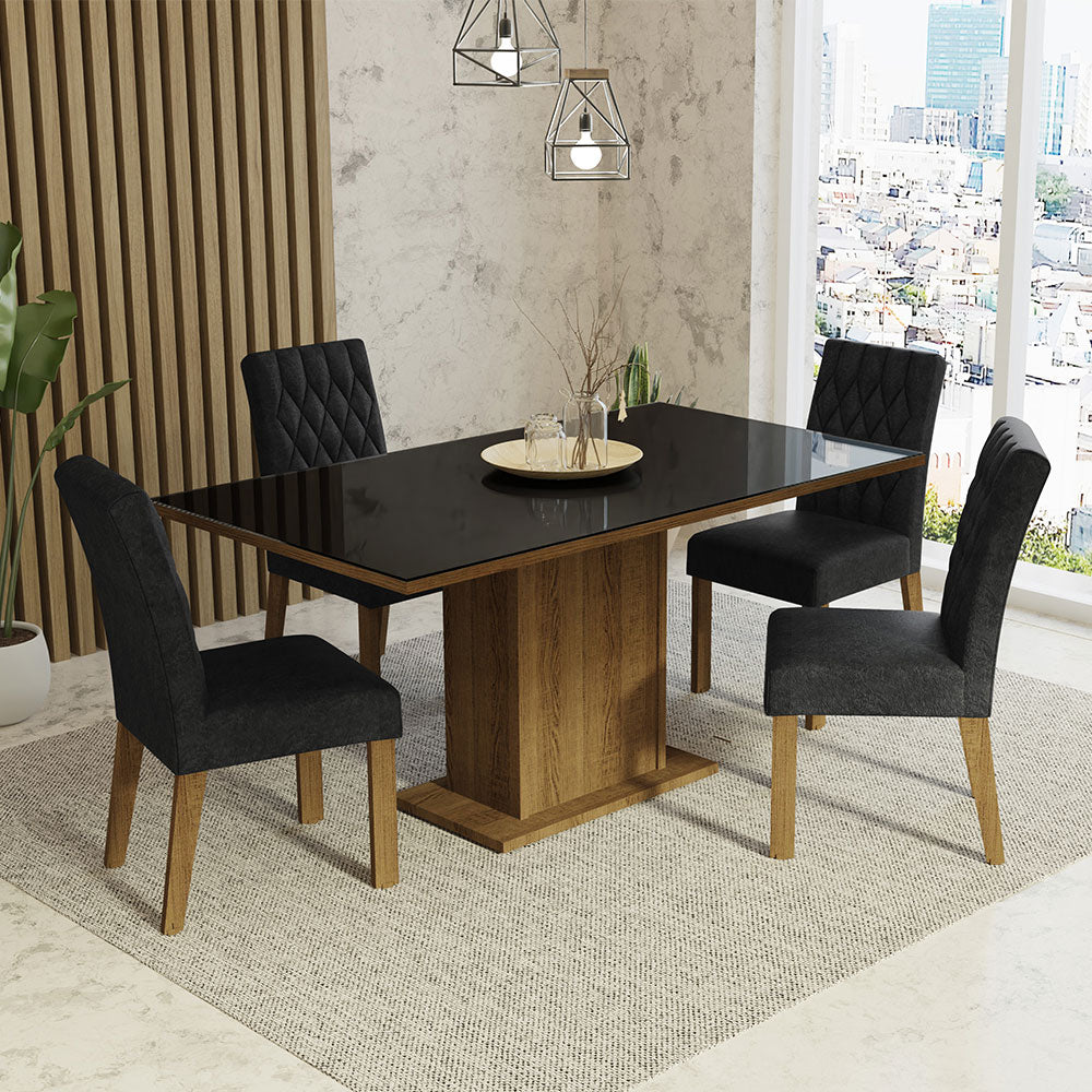 Juego de Comedor Marilia con 4 Sillas - Tablero de Madera y Cubierta de Cristal Marrón/Negro/Oxford