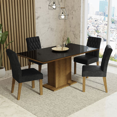 Juego de Comedor Marilia con 4 Sillas - Tablero de Madera y Cubierta de Cristal Marrón/Negro/Oxford