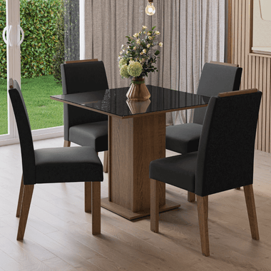 Juego de Comedor Sines con 4 Sillas - Tablero de Madera y Cristal MarrónNegroOxford