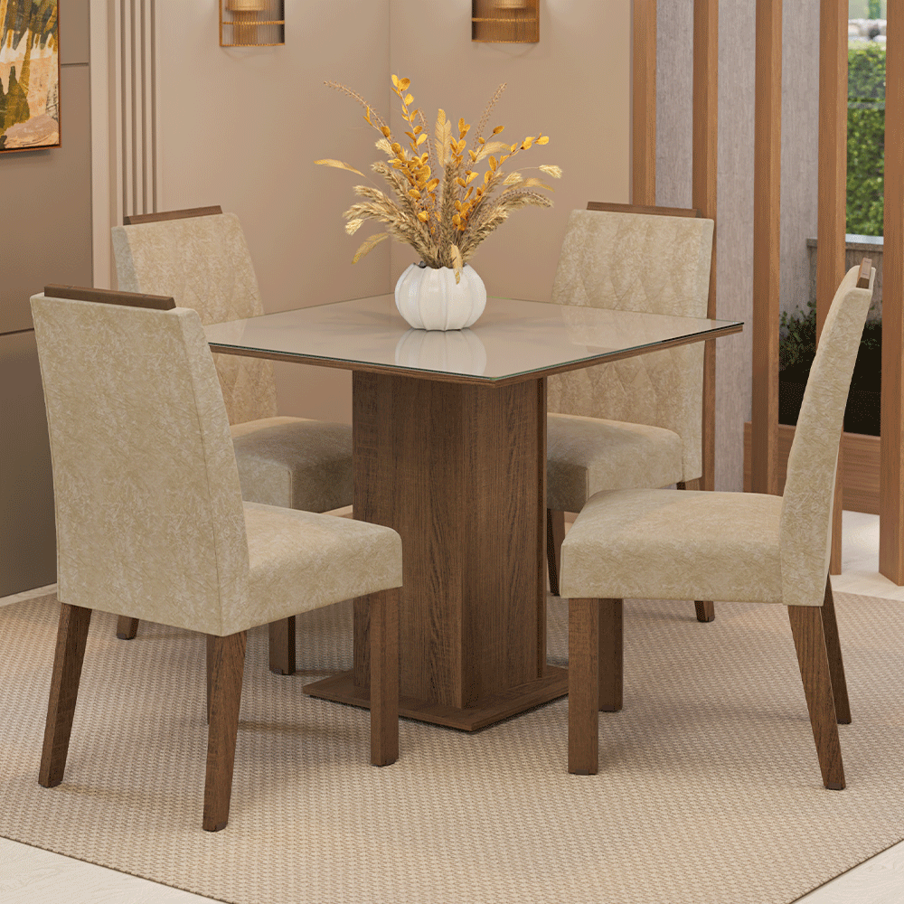 Juego de Comedor Capri con 4 Sillas - Tablero de Madera y Cristal Marrón/Crema/Imperial