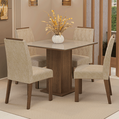Juego de Comedor Capri con 4 Sillas - Tablero de Madera y Cristal Marrón/Crema/Imperial