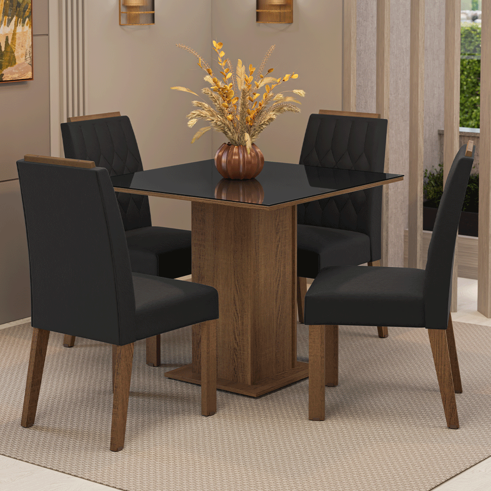 Juego de Comedor Capri con 4 Sillas - Tablero de Madera y Cristal MarrónNegroOxford