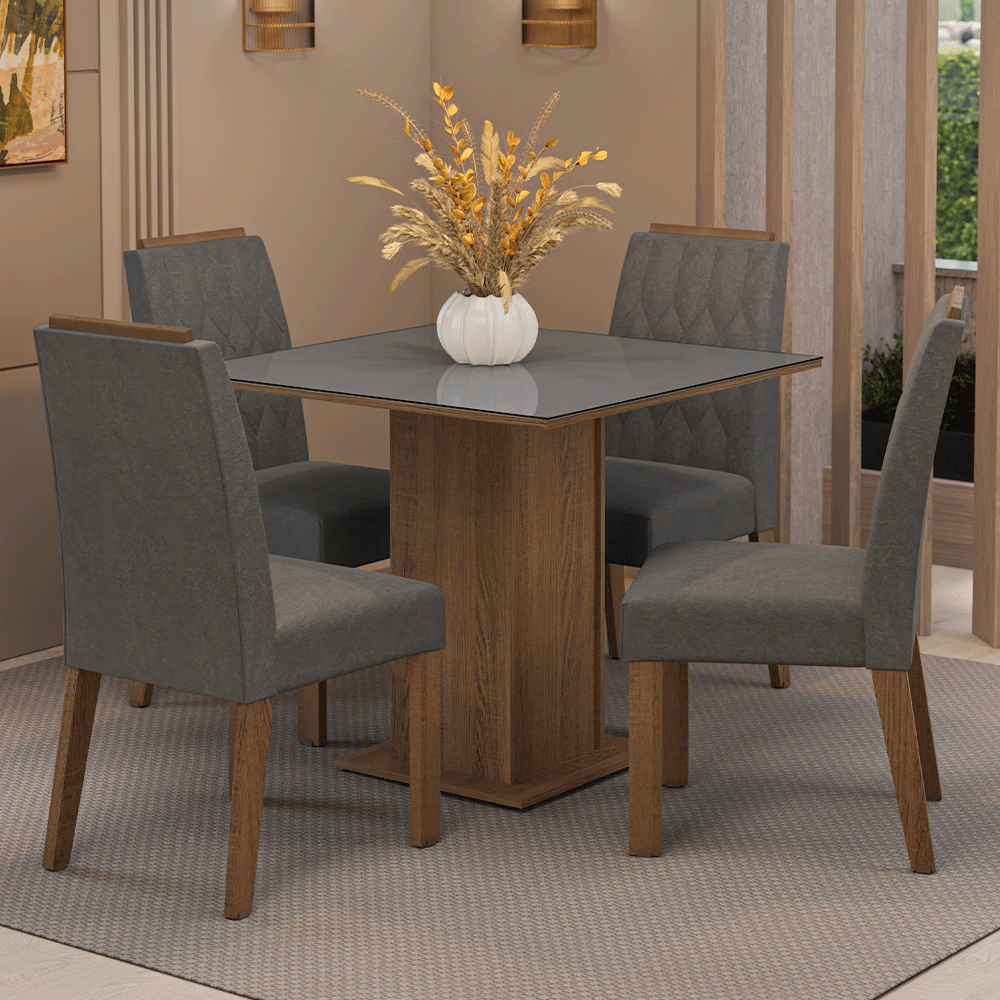 Juego de Comedor Capri con 4 Sillas - Tablero de Madera y Cristal Marrón/Gris/Plateado