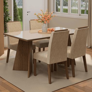 Juego de Comedor Braga con 4 Sillas - Tablero de Madera y Cristal Marrón/Crema/Imperial