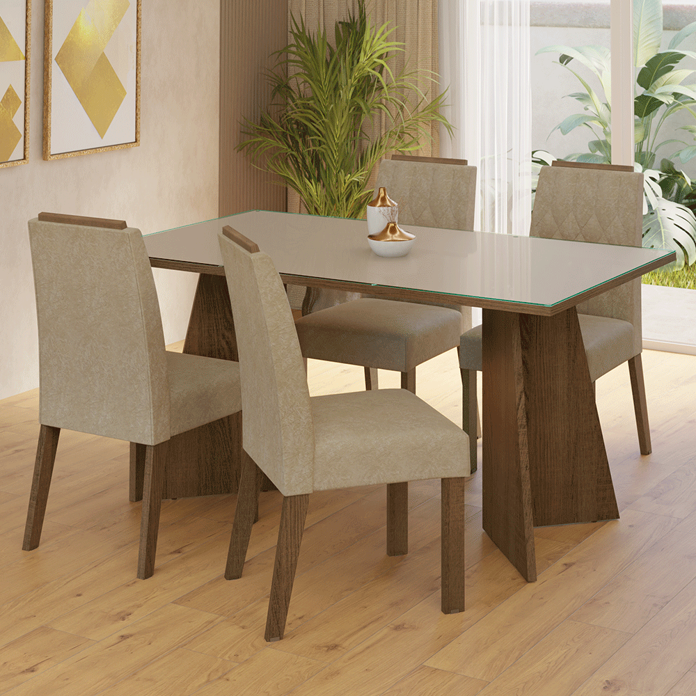 Juego de Comedor Porto con 4 Sillas - Tablero de Madera y Cristal Marrón/Crema/Imperial