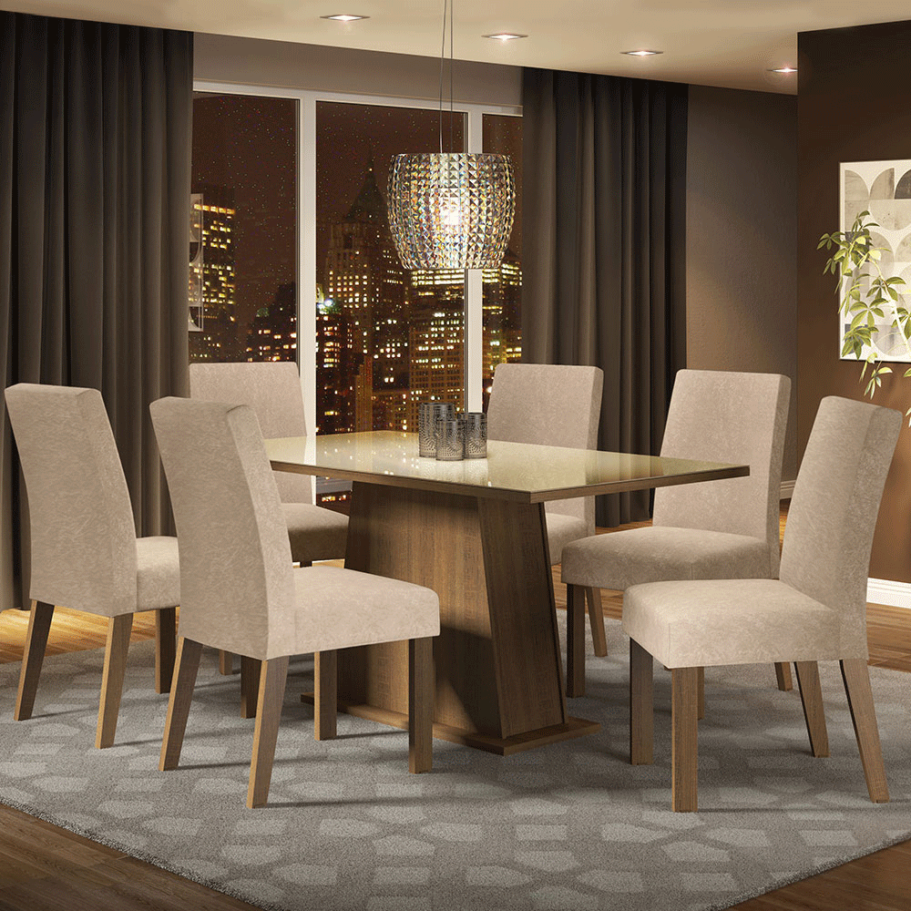 Juego de Comedor Patricia con 6 Sillas - Tablero de Madera y Cristal Marrón/Crema/Imperial