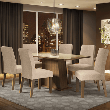 Juego de Comedor Patricia con 6 Sillas - Tablero de Madera y Cristal Marrón/Crema/Imperial