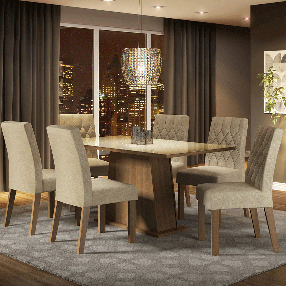 Juego de Comedor Stéfani con 6 Sillas - Tablero Rectangular de Madera y Cristal Marrón/Crema/Imperial Madesa