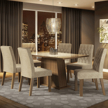 Juego de Comedor Stéfani con 6 Sillas - Tablero de Madera y Cristal