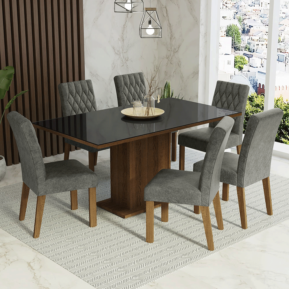 Juego de Comedor Geórgia con 6 Sillas - Tablero de Madera y Cristal Marrón/Negro/Plateado