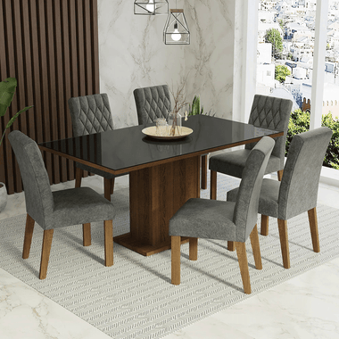 Juego de Comedor Geórgia con 6 Sillas - Tablero de Madera y Cristal Marrón/Negro/Plateado