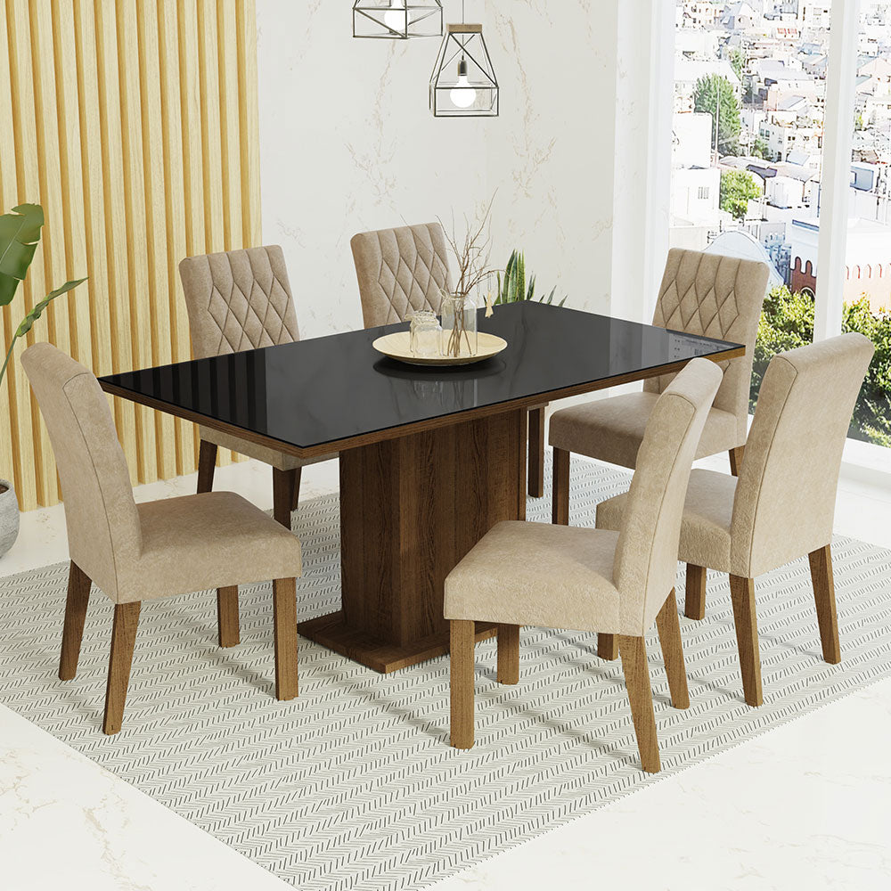 Juego de Comedor Geórgia con 6 Sillas - Tablero de Madera y Cristal