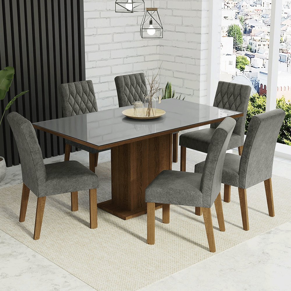 Juego de Comedor Geórgia con 6 Sillas - Tablero de Madera y Cubierta de Cristal Marrón/Gris/Plateado