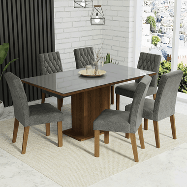 Juego de Comedor Geórgia con 6 Sillas - Tablero de Madera y Cubierta de Cristal Marrón/Gris/Plateado