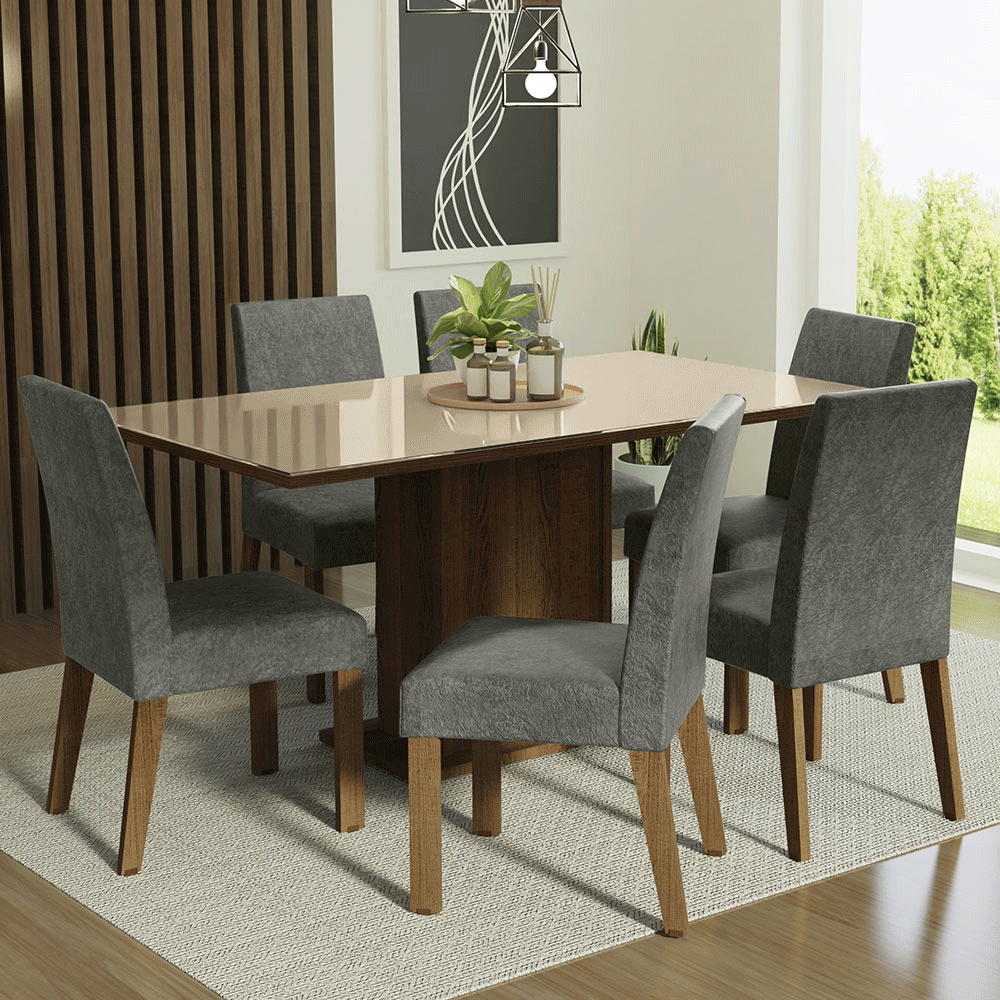 Juego de Comedor Alexis con 6 Sillas - Tablero de Madera y Cubierta de Cristal Marrón/Crema/Plateado