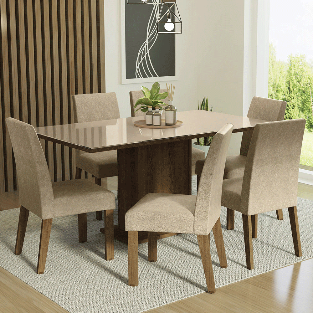 Juego de Comedor Alexis con 6 Sillas - Tablero de Madera y Cubierta de Cristal Marrón/Crema/Imperial