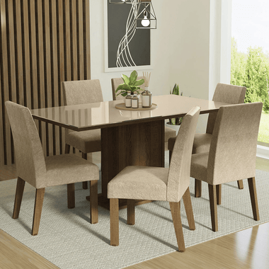 Juego de Comedor Alexis con 6 Sillas - Tablero de Madera y Cubierta de Cristal Marrón/Crema/Imperial