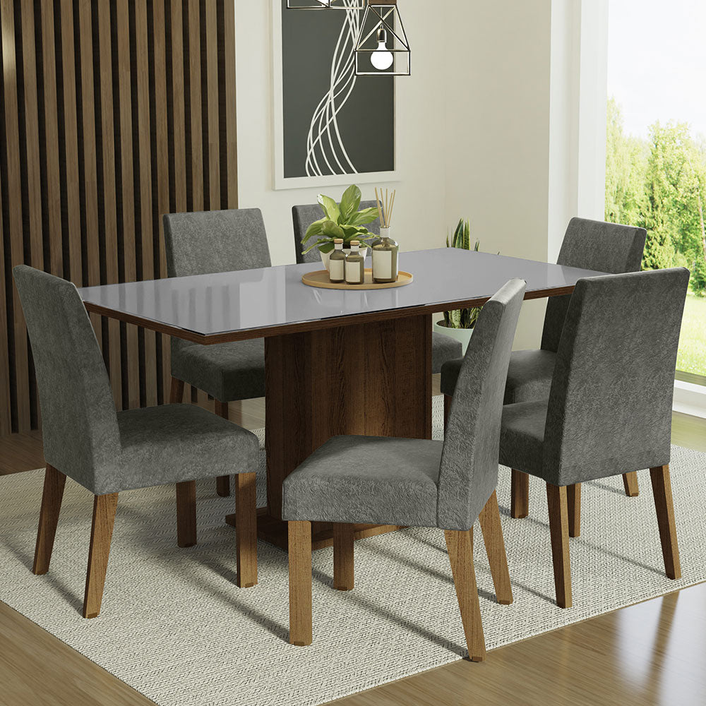 Juego de Comedor Alexis con 6 Sillas - Tablero de Madera y Cubierta de Cristal Marrón/Gris/Plateado