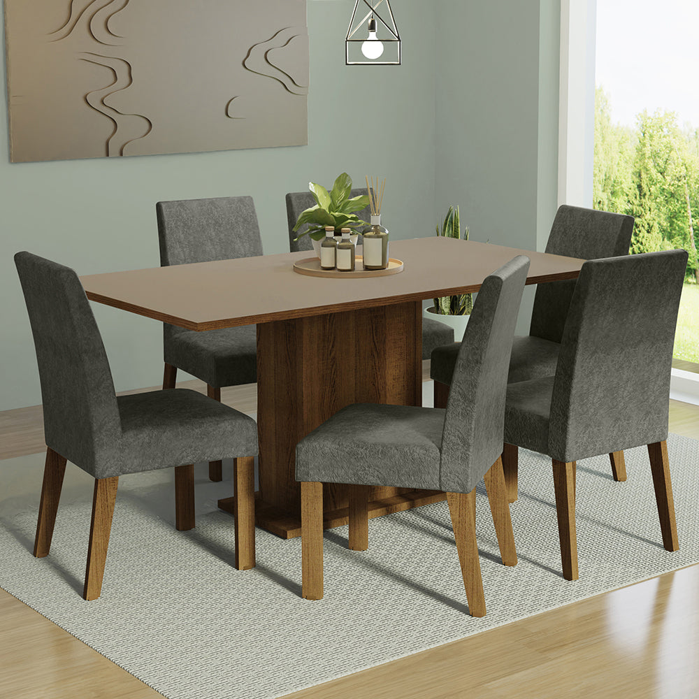 Juego de Comedor Renata con 6 Sillas Marrón/Crema/Plateado