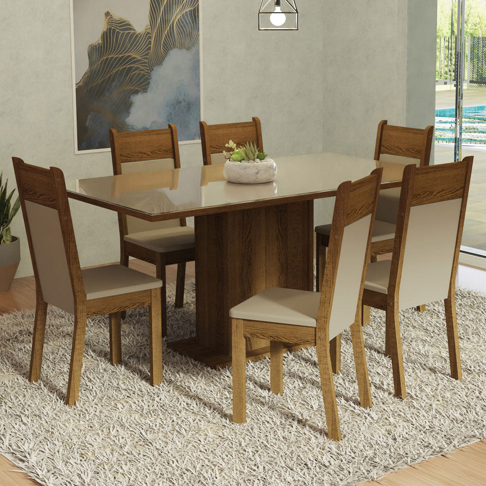 Juego de Comedor Francine con 6 Sillas - Tablero de Madera y Cristal