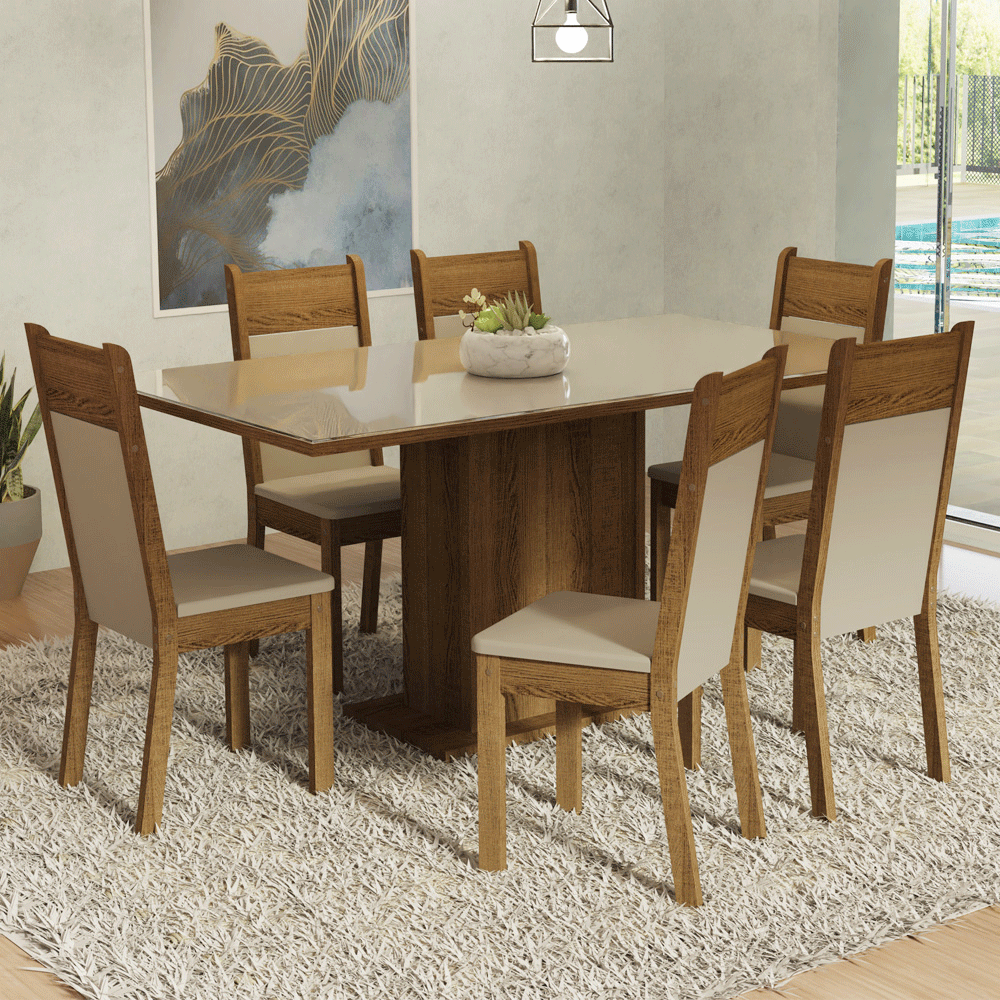 Juego de Comedor Francine con 6 Sillas - Tablero de Madera y Cubierta de Cristal Crema/Marrón/Beige