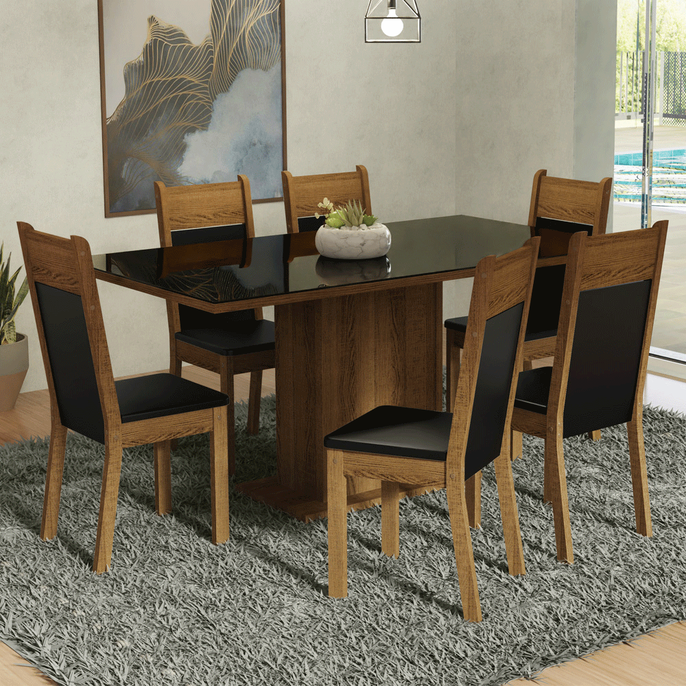 Juego de Comedor Francine con 6 Sillas - Tablero de Madera y Cubierta de Cristal Negro/Marrón