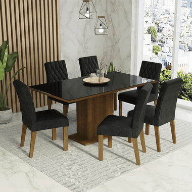 Juego de Comedor Geórgia con 6 Sillas - Tablero de Madera y Cubierta de Cristal Marrón/Negro/Oxford