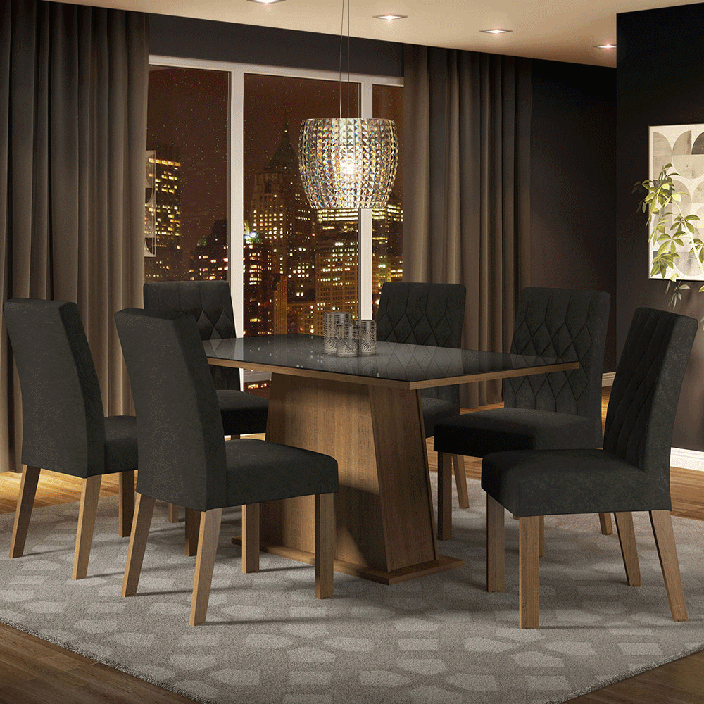 Juego de Comedor Stéfani con 6 Sillas - Tablero Rectangular de Madera y Cubierta de Cristal Marrón/Negro/Oxford Madesa