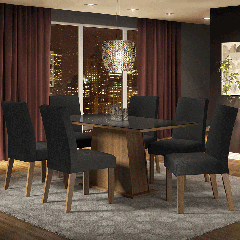 Juego de Comedor Patricia con 6 Sillas - Tablero de Madera y Cubierta de Cristal Marrón/Negro/Oxford