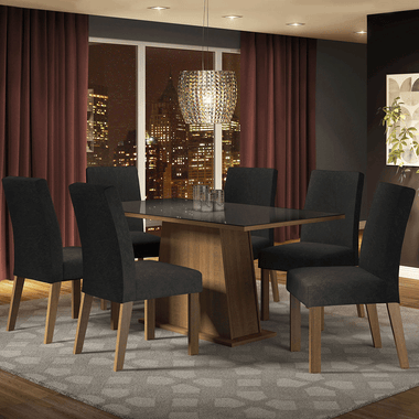 Juego de Comedor Patricia con 6 Sillas - Tablero de Madera y Cubierta de Cristal Marrón/Negro/Oxford